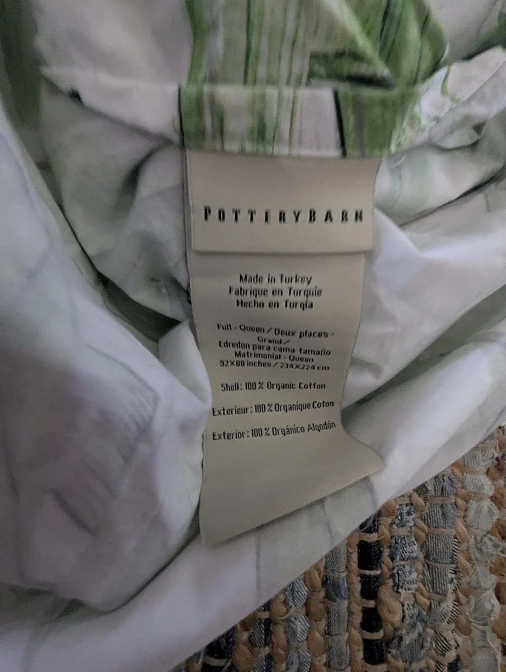 Pottery Barn White Green Bamboo Botanical Duvet Cover Full Queen Organic Cotton